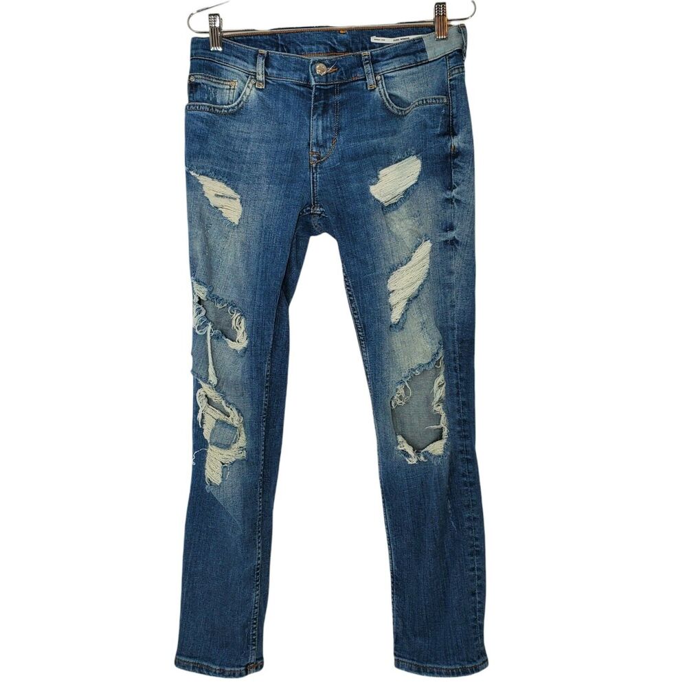 Zara Women Jeans 4 Hi Rise Relaxed Fit Distressed Stretch High Waist Medium Wash